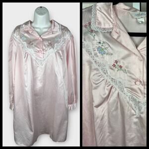 80s Pink Satin Lace Embroiderd Cotton Lined Night Sleep Shirt Large Jodie Arden